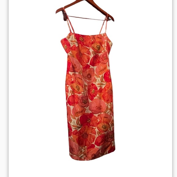 Ann Taylor Poppy Floral Sz 12P Silk Midi Spaghetti Strap Dress - Picture 3 of 9